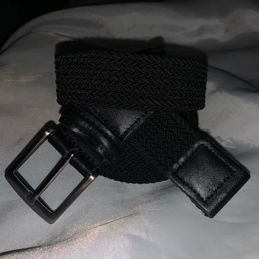 Mens Black Braided Elastic‎ Stretch Belt Leather Trim Silver Buckle Size 40 13
